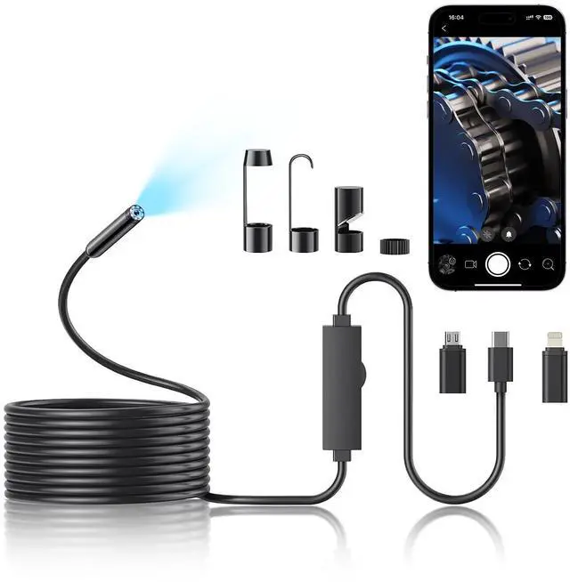 Main image of Endoscope Camera with Light, 1920P HD Borescope Camera with 8 Adjustable LED, 16.4FT Semi-Rigid Snake, IP67 Waterproof 8mm Inspection for iOS and Android (Single-Lens)