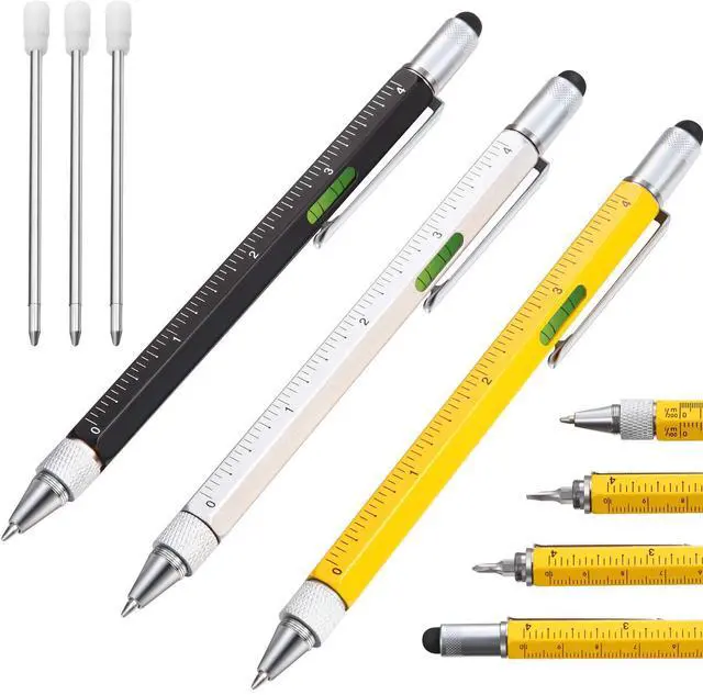 Main image of 6 Pack Christmas Gifts for Men, 6 in 1 Multitool Pen 3 Pcs and Refill 3 Pcs Gadgets and Gifts for Dad, Husband for Christmas Birthday Valentine's Day Anniversary (Black, Yellow, Silver Shell)