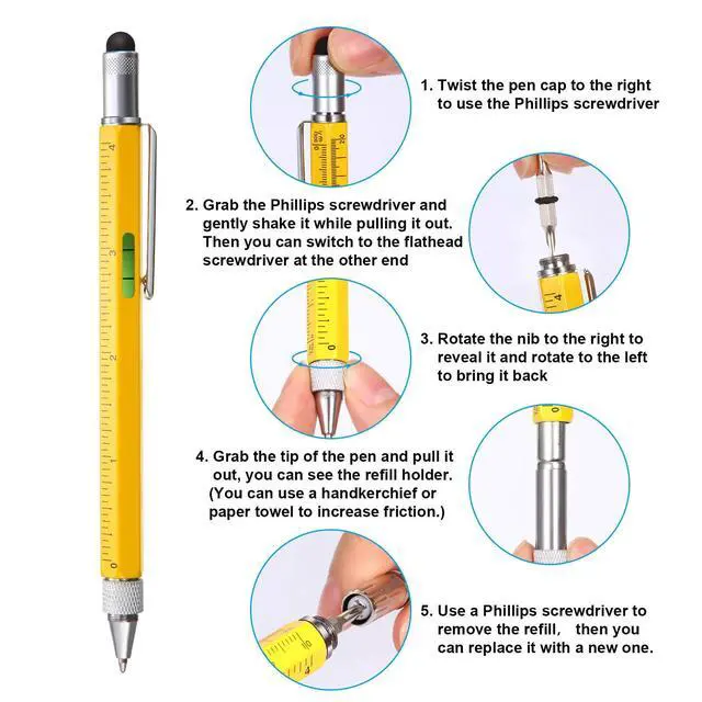 Alt view image 4 of 7 - 6 Pack Christmas Gifts for Men, 6 in 1 Multitool Pen 3 Pcs and Refill 3 Pcs Gadgets and Gifts for Dad, Husband for Christmas Birthday Valentine's Day Anniversary (Black, Yellow, Silver Shell)
