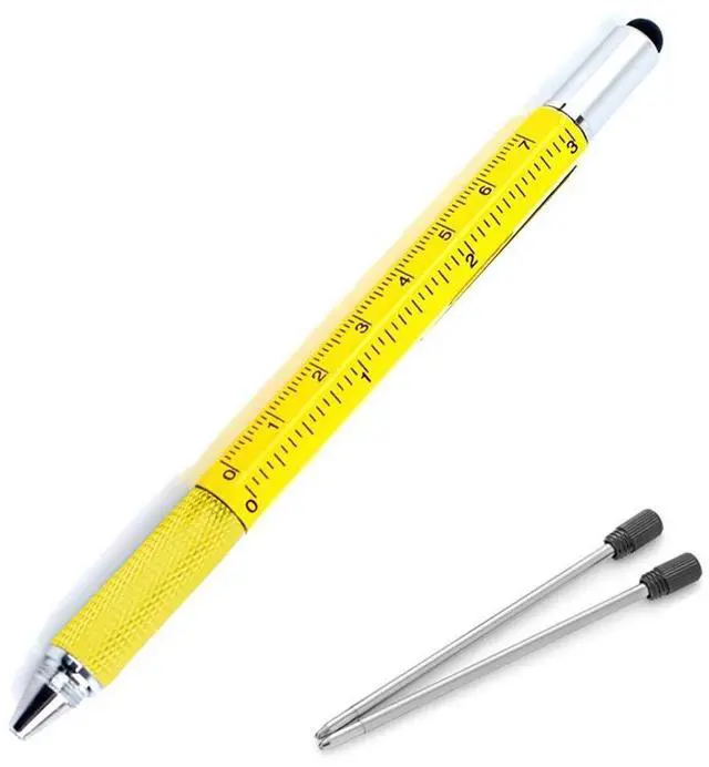 Main image of Multifunction Tool Pen, 6 in 1 Tool with Ballpoint Pen, Touch Screen Stylus, Ruler, Spirit Level, Flat-head and Phillips Screwdriver, All-in-One Tech-Tool Pen with Ink Refills (Yellow + 2×Refills)