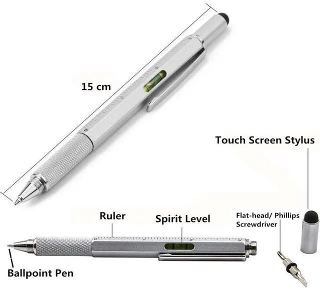 Alt view image 2 of 6 - Multifunction Tool Pen, 6 in 1 Tool with Ballpoint Pen, Touch Screen Stylus, Ruler, Spirit Level, Flat-head and Phillips Screwdriver, All-in-One Tech-Tool Pen with Ink Refills (Yellow + 2×Refills)