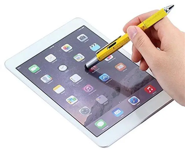 Alt view image 4 of 6 - Multifunction Tool Pen, 6 in 1 Tool with Ballpoint Pen, Touch Screen Stylus, Ruler, Spirit Level, Flat-head and Phillips Screwdriver, All-in-One Tech-Tool Pen with Ink Refills (Yellow + 2×Refills)