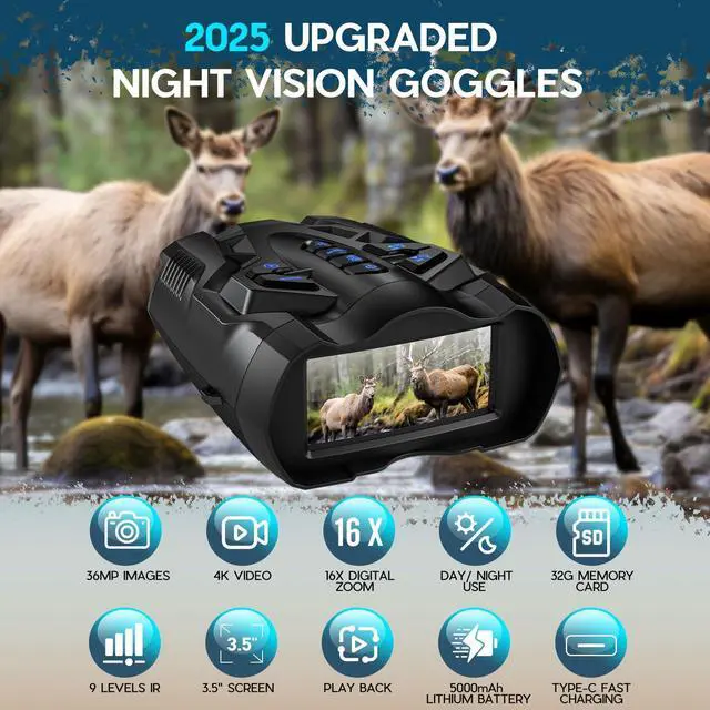 Alt view image 6 of 7 - 4K Night Vision Goggles for Adults,16X Zoom Night Vision Binoculars with 1000FT Infrared Range,5000mAh Rechargeable Battery,3.5" Screen,Include 32GB Card,Gift for Mens and Outdoor Enthusiasts