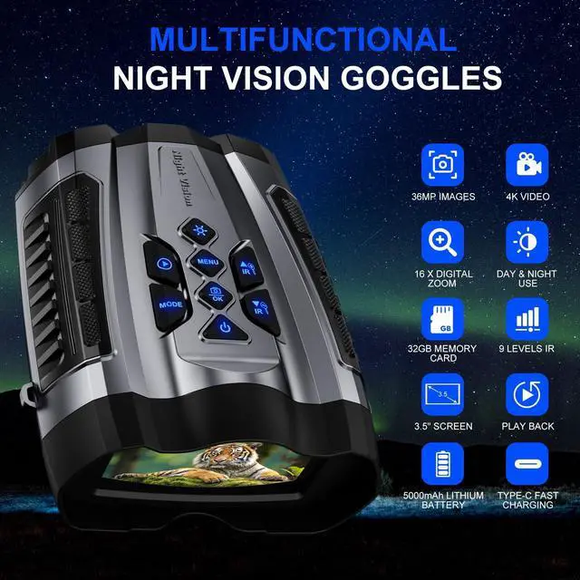 Alt view image 7 of 7 - Night Vision Goggles,4K Night Vision Binoculars for Adult with 5000mAh Rechargeable Battery,16X Digital Zoom,3.5" HD Screen and 1000FT Viewing Range,32GB TF Card for Photo and Video,Ideal Gift for Men