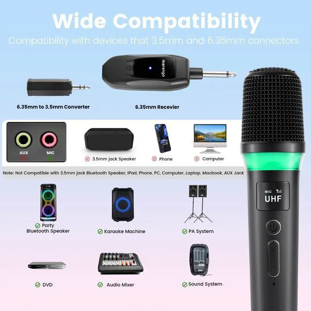 Alt view image 2 of 7 - Wireless Microphones, Rechargeable Cordless Karaoke Microphone with One-to-One Chip Connection, LED Lights, 40H Duration, 200FT, Handheld Bluetooth Microphone Wireless for Singing,Speech,Church,Party