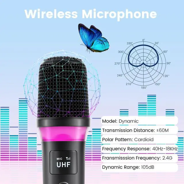 Alt view image 3 of 7 - Wireless Microphones, Rechargeable Cordless Karaoke Microphone with One-to-One Chip Connection, LED Lights, 40H Duration, 200FT, Handheld Bluetooth Microphone Wireless for Singing,Speech,Church,Party