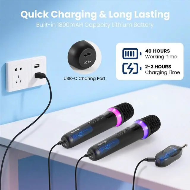 Alt view image 5 of 7 - Wireless Microphones, Rechargeable Cordless Karaoke Microphone with One-to-One Chip Connection, LED Lights, 40H Duration, 200FT, Handheld Bluetooth Microphone Wireless for Singing,Speech,Church,Party