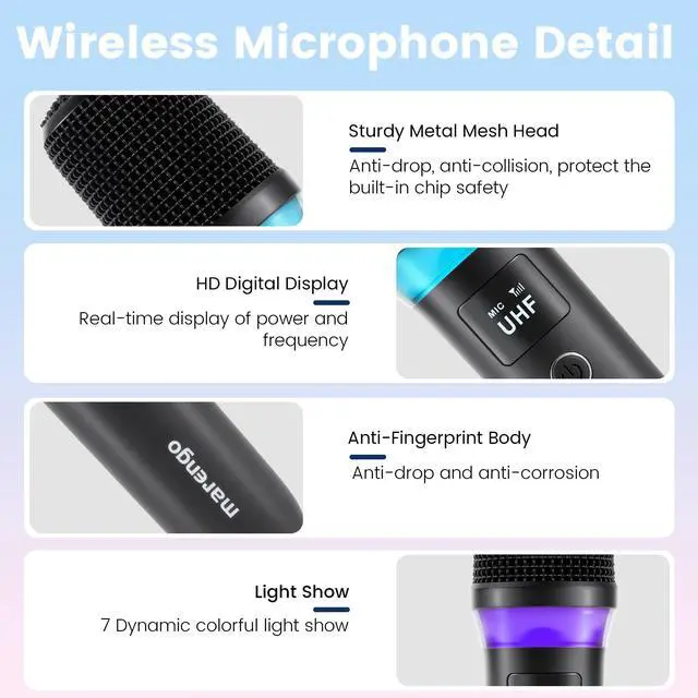 Alt view image 7 of 7 - Wireless Microphones, Rechargeable Cordless Karaoke Microphone with One-to-One Chip Connection, LED Lights, 40H Duration, 200FT, Handheld Bluetooth Microphone Wireless for Singing,Speech,Church,Party