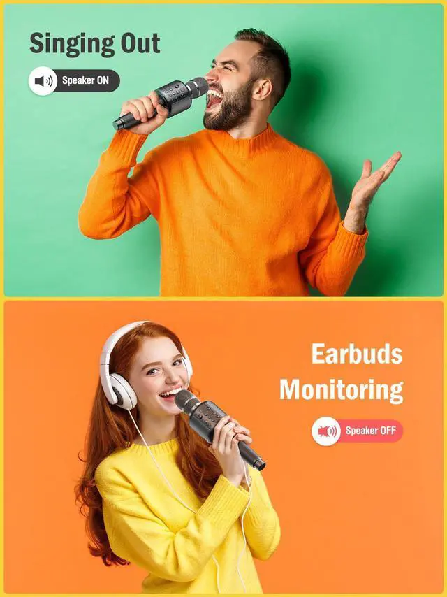 Alt view image 3 of 7 - Wireless Bluetooth Karaoke Microphone, Built-in Loud Speaker for 10H Playback, Add Reverb/Duet Mode/Earbuds Monitoring, Portable Karaoke Machine for Entertainment & Singing Practice (Black&Red)