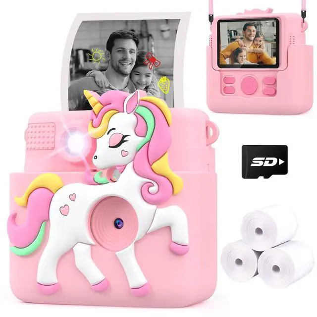 Main image of Kids Camera Instant Print with Silicone Cover, Creative Gifts for Girls Age 4-12 Birthday Christmas, 1080P Digital Camera Toy with Memory Card - Pink