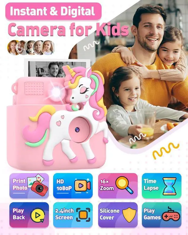 Alt view image 2 of 7 - Kids Camera Instant Print with Silicone Cover, Creative Gifts for Girls Age 4-12 Birthday Christmas, 1080P Digital Camera Toy with Memory Card - Pink