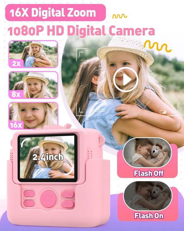Alt view image 4 of 7 - Kids Camera Instant Print with Silicone Cover, Creative Gifts for Girls Age 4-12 Birthday Christmas, 1080P Digital Camera Toy with Memory Card - Pink