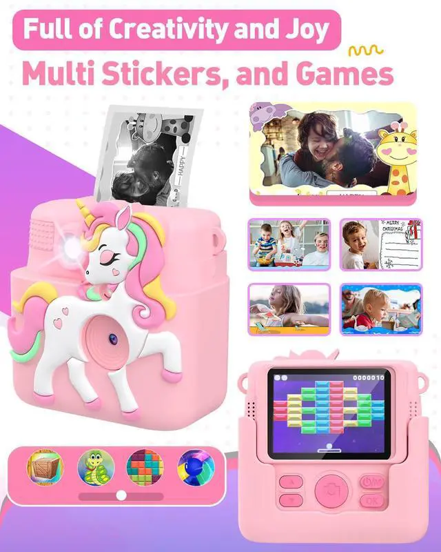 Alt view image 5 of 7 - Kids Camera Instant Print with Silicone Cover, Creative Gifts for Girls Age 4-12 Birthday Christmas, 1080P Digital Camera Toy with Memory Card - Pink