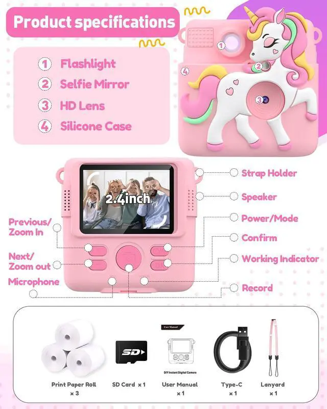 Alt view image 6 of 7 - Kids Camera Instant Print with Silicone Cover, Creative Gifts for Girls Age 4-12 Birthday Christmas, 1080P Digital Camera Toy with Memory Card - Pink