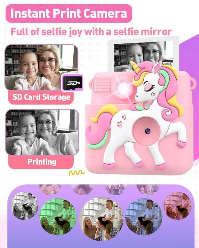 Alt view image 3 of 7 - Kids Camera Instant Print with Silicone Cover, Creative Gifts for Girls Age 4-12 Birthday Christmas, 1080P Digital Camera Toy with Memory Card - Pink