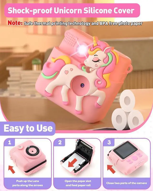 Alt view image 7 of 7 - Kids Camera Instant Print with Silicone Cover, Creative Gifts for Girls Age 4-12 Birthday Christmas, 1080P Digital Camera Toy with Memory Card - Pink