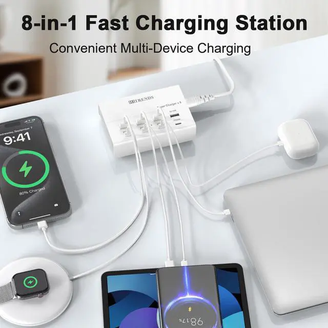 Alt view image 2 of 7 - USB Charger with USB C PD20W and USB A QC18W, 60W PD Fast Charging Station, 5ft 8-Port Multiple Desktop Multi Port USB Charging Hub Compatible with iPad iPhone 17/16/15/14, Galaxy S24/S23/S22