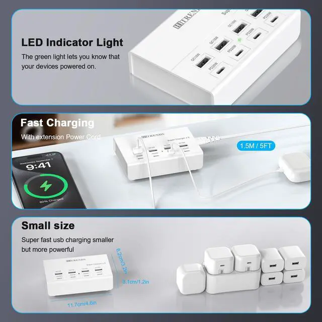 Alt view image 4 of 7 - USB Charger with USB C PD20W and USB A QC18W, 60W PD Fast Charging Station, 5ft 8-Port Multiple Desktop Multi Port USB Charging Hub Compatible with iPad iPhone 17/16/15/14, Galaxy S24/S23/S22