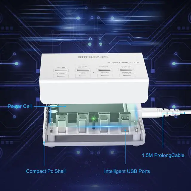 Alt view image 6 of 7 - USB Charger with USB C PD20W and USB A QC18W, 60W PD Fast Charging Station, 5ft 8-Port Multiple Desktop Multi Port USB Charging Hub Compatible with iPad iPhone 17/16/15/14, Galaxy S24/S23/S22