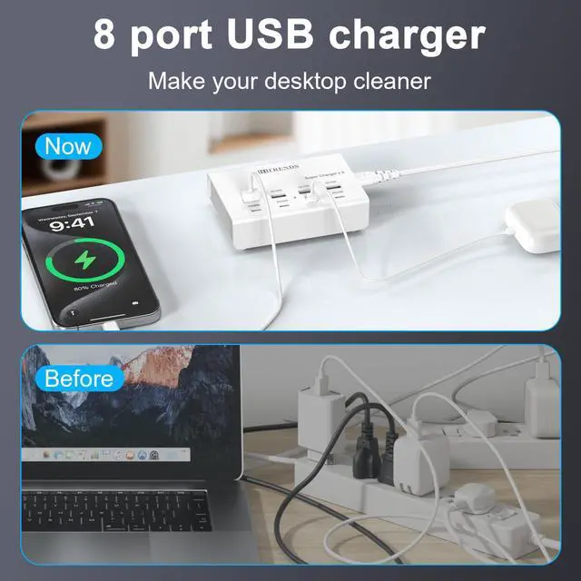 Alt view image 5 of 7 - USB Charger with USB C PD20W and USB A QC18W, 60W PD Fast Charging Station, 5ft 8-Port Multiple Desktop Multi Port USB Charging Hub Compatible with iPad iPhone 17/16/15/14, Galaxy S24/S23/S22