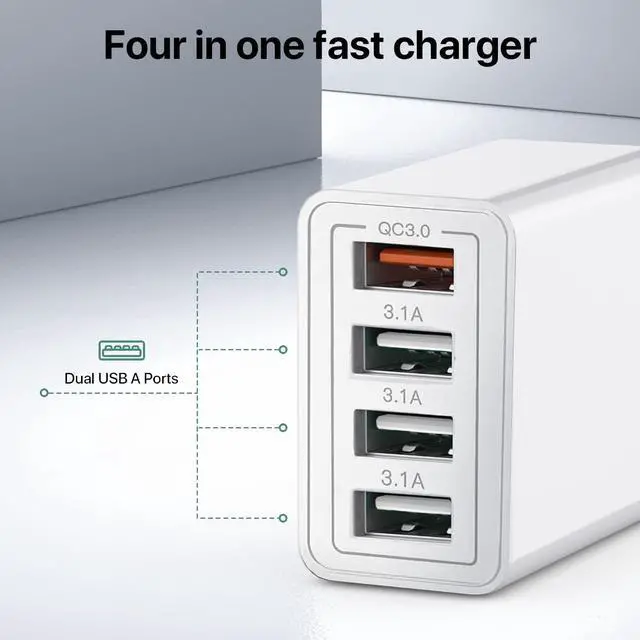 Alt view image 4 of 7 - USB Charger, 4 Port USBA Wall Charging Block, Fast Charge QC 3.0 Plug Adapter Compatible with iPhone 12/13/14/15/XS/XS Max/XR/X, LG, Google Pixel and More