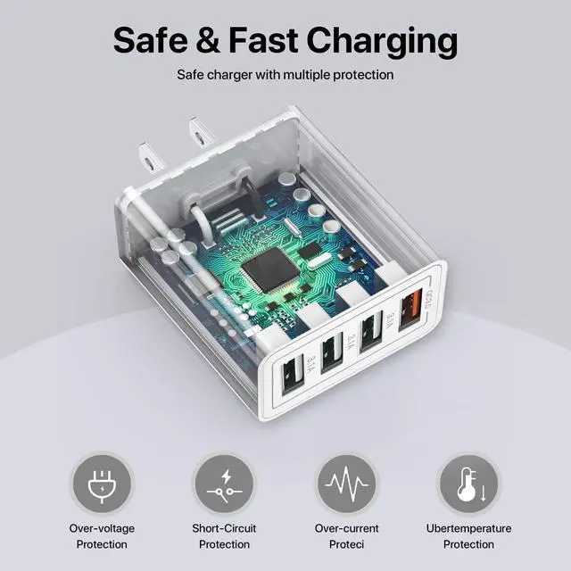 Alt view image 5 of 7 - USB Charger, 4 Port USBA Wall Charging Block, Fast Charge QC 3.0 Plug Adapter Compatible with iPhone 12/13/14/15/XS/XS Max/XR/X, LG, Google Pixel and More