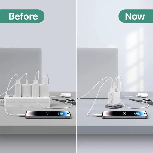 Alt view image 7 of 7 - USB Charger, 4 Port USBA Wall Charging Block, Fast Charge QC 3.0 Plug Adapter Compatible with iPhone 12/13/14/15/XS/XS Max/XR/X, LG, Google Pixel and More