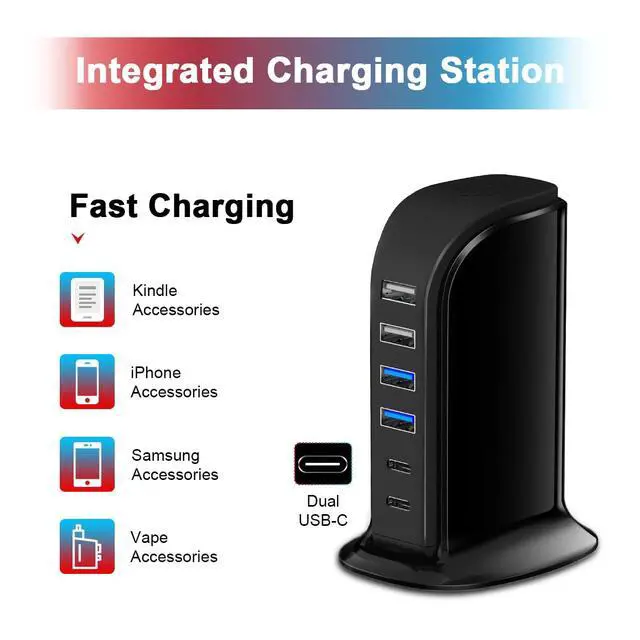 Alt view image 2 of 7 - USB C Charger Block , Chargers for Multiple Devices Dual Type C 45W Total, 6 Ports USB Charging Station for iPhone, Ipad, Iwatch, Desk Accessories & Workspace Organizers