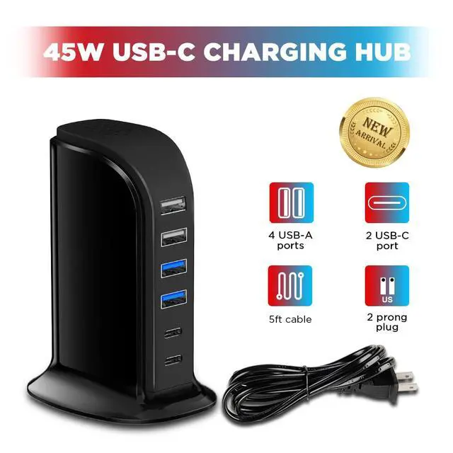Alt view image 3 of 7 - USB C Charger Block , Chargers for Multiple Devices Dual Type C 45W Total, 6 Ports USB Charging Station for iPhone, Ipad, Iwatch, Desk Accessories & Workspace Organizers