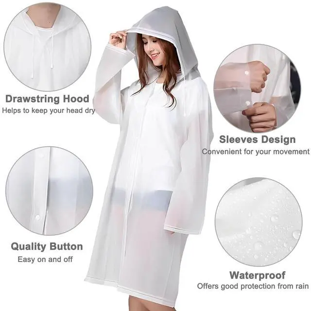 Alt view image 2 of 7 - Rain Ponchos for Adults Reusable, 2 Pcs Raincoats for Women Men with Hood (A-Adults Poncho-White)