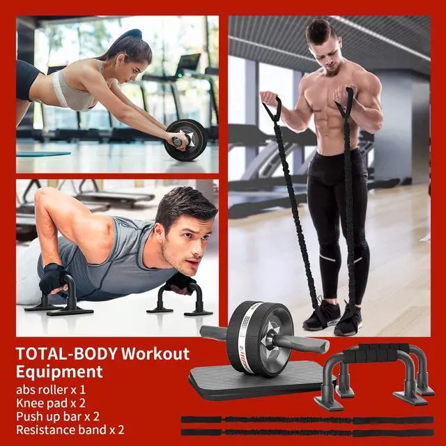 Alt view image 2 of 7 - Abs Roller Wheel Kit, Exercise Wheel Core Strength Training Abdominal Roller Set with Push Up Bars, Resistance Bands, Knee Mat Home Gym Fitness Equipment for Abs Workout