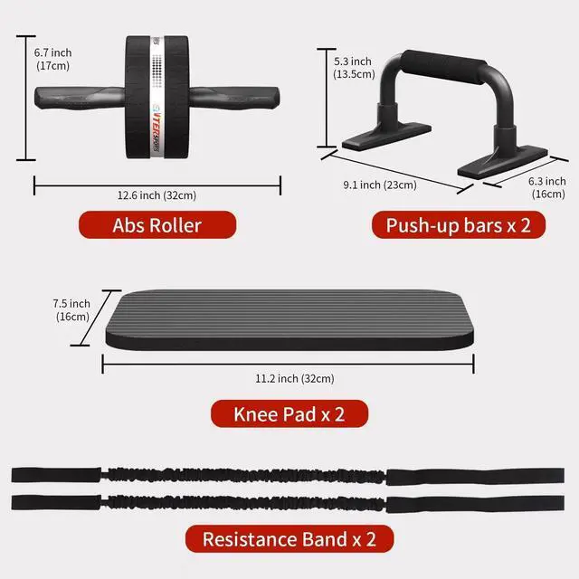 Alt view image 4 of 7 - Abs Roller Wheel Kit, Exercise Wheel Core Strength Training Abdominal Roller Set with Push Up Bars, Resistance Bands, Knee Mat Home Gym Fitness Equipment for Abs Workout