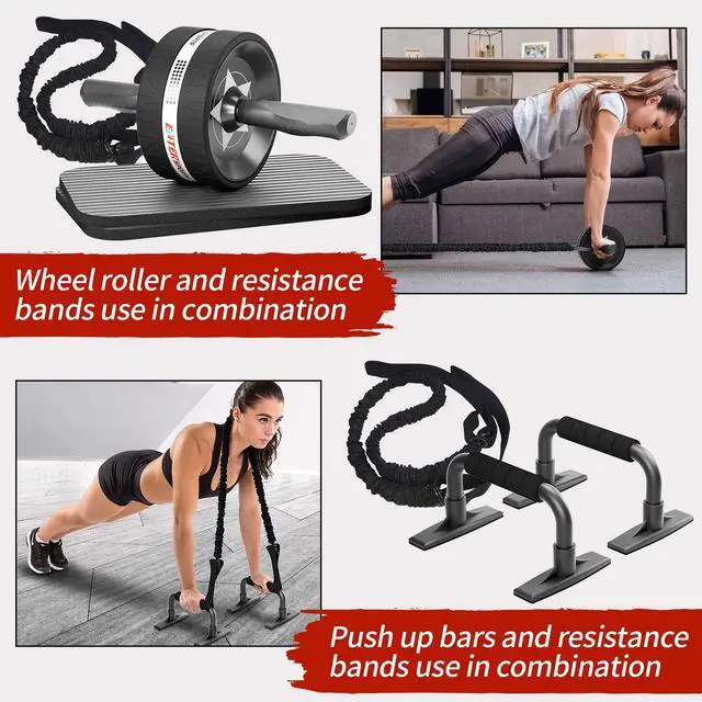 Alt view image 5 of 7 - Abs Roller Wheel Kit, Exercise Wheel Core Strength Training Abdominal Roller Set with Push Up Bars, Resistance Bands, Knee Mat Home Gym Fitness Equipment for Abs Workout