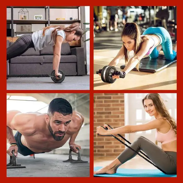 Alt view image 6 of 7 - Abs Roller Wheel Kit, Exercise Wheel Core Strength Training Abdominal Roller Set with Push Up Bars, Resistance Bands, Knee Mat Home Gym Fitness Equipment for Abs Workout