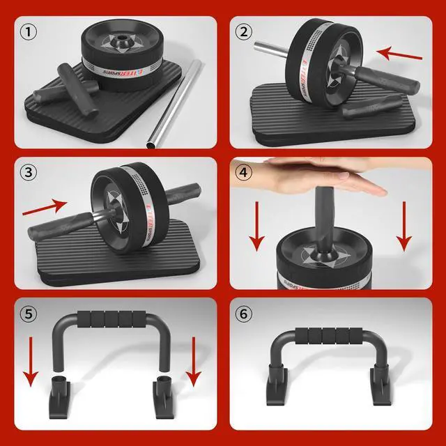 Alt view image 7 of 7 - Abs Roller Wheel Kit, Exercise Wheel Core Strength Training Abdominal Roller Set with Push Up Bars, Resistance Bands, Knee Mat Home Gym Fitness Equipment for Abs Workout