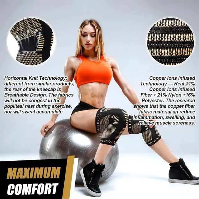 Alt view image 5 of 7 - Copper Knee Braces for Knee Pain Relief - 2 Pack Knee Sleeves Set, Knee Compression Sleeves with Copper Ions Infused Fiber for Sports, Workout, Arthritis, Meniscus Tear- FSA/HSA Eligible