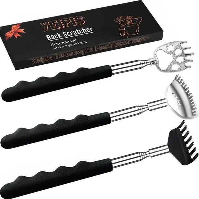 Main image of 3 Pack Different Back Scratcher Metal Portable Telescoping with Rubber Handles, Extendable Back Massager Tool with Beautiful Box, Stocking Stuffers for Men Women Christmas Presents(Black)