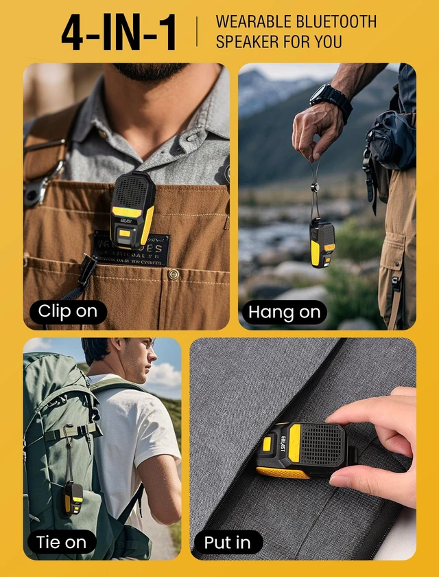 Alt view image 5 of 7 - Wearable Bluetooth Speaker, Waterproof Mini Clip On Speaker-Yellow Small Portable Speakers, All Day Playtime,Built-in Mic for Hands-Free Music/Calls,RGB/Flashlight for Jobsite/Outdoor