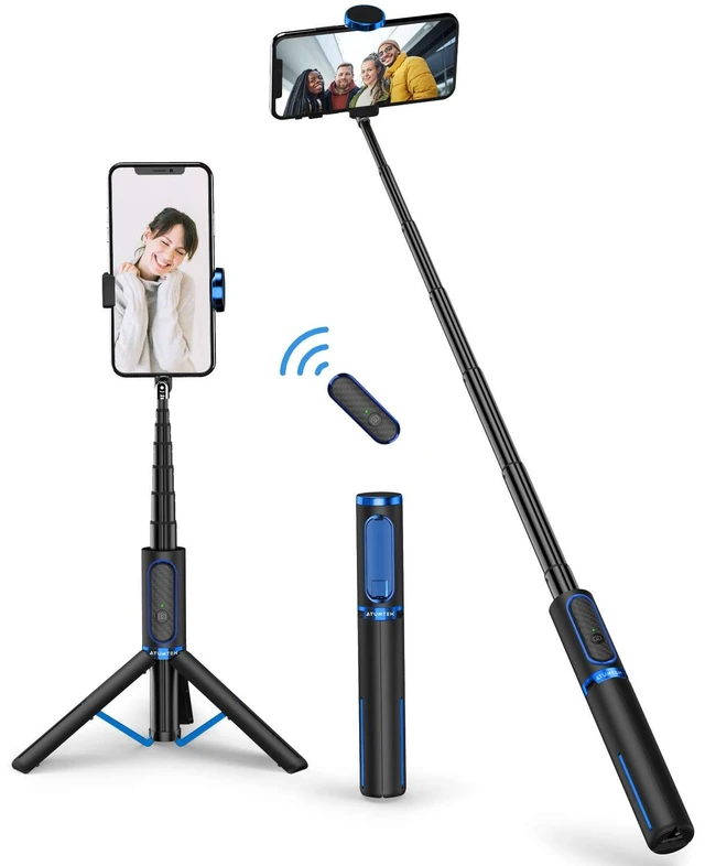 Main image of Selfie Stick Tripod, 3-in-1 Extendable Aluminum Phone Tripod with Detachable Bluetooth Remote, Compatible with iPhone 17/16/15/14/13/12/11/11 Pro/XS Max/XR and Samsung Smartphones, Blue