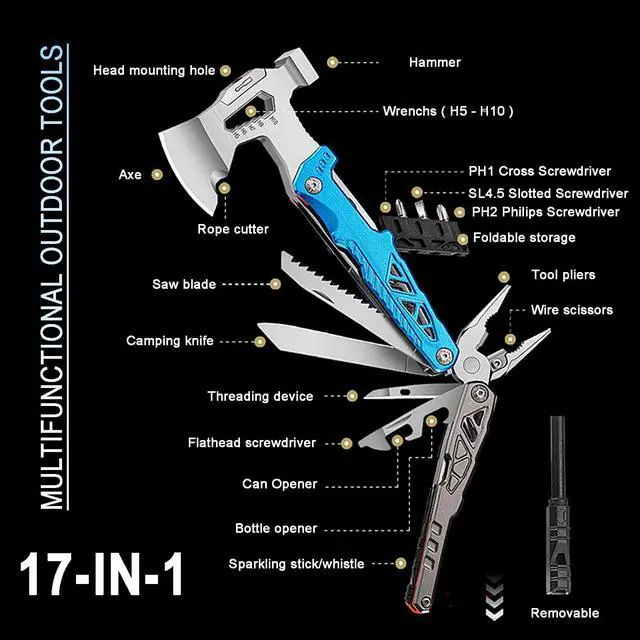 Alt view image 2 of 6 - 17-in-1 Multifunctional Outdoor Tool Axe with Hammer, Plier, wrenches, utility knife, saw, bottle opener, Multi-bit screwdrivers, Great Gift for Men Dad Camping Survival Kit (Black)