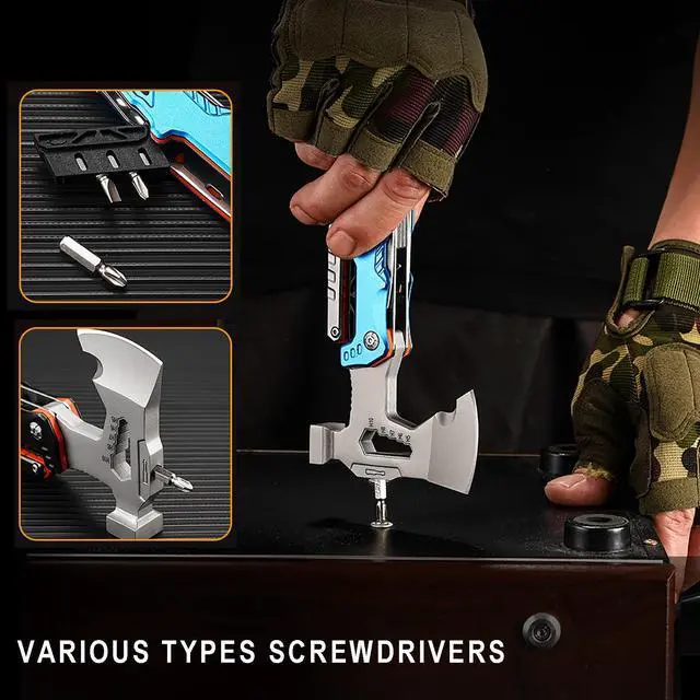 Alt view image 4 of 6 - 17-in-1 Multifunctional Outdoor Tool Axe with Hammer, Plier, wrenches, utility knife, saw, bottle opener, Multi-bit screwdrivers, Great Gift for Men Dad Camping Survival Kit (Black)