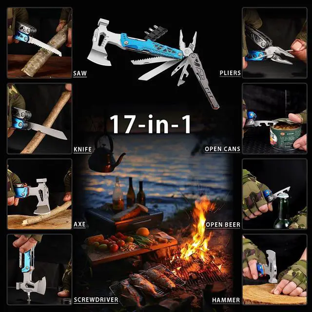Alt view image 6 of 6 - 17-in-1 Multifunctional Outdoor Tool Axe with Hammer, Plier, wrenches, utility knife, saw, bottle opener, Multi-bit screwdrivers, Great Gift for Men Dad Camping Survival Kit (Black)