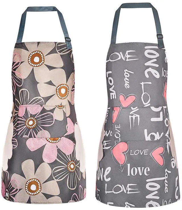 Main image of 2 Pack Floral Aprons with Pocket, Blooming Womens Aprons Waterproof Adjustable Cooking Aprons for Kitchen Gardening and Salon (2Pack #B)