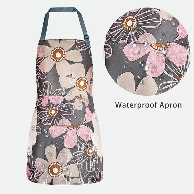 Alt view image 3 of 7 - 2 Pack Floral Aprons with Pocket, Blooming Womens Aprons Waterproof Adjustable Cooking Aprons for Kitchen Gardening and Salon (2Pack #B)