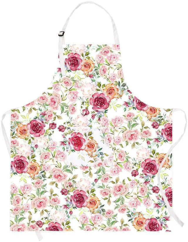 Main image of Pink Flowers Apron with Pockets, Floral Apron for Cooking, Watercolor Rose Kitchen Apron for Women, Adjustable Bib Apron, Waterproof