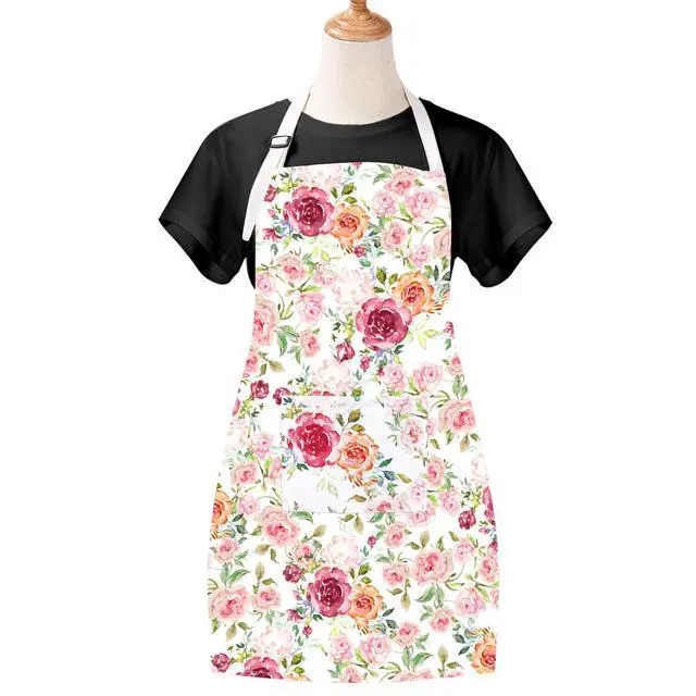Alt view image 3 of 7 - Pink Flowers Apron with Pockets, Floral Apron for Cooking, Watercolor Rose Kitchen Apron for Women, Adjustable Bib Apron, Waterproof