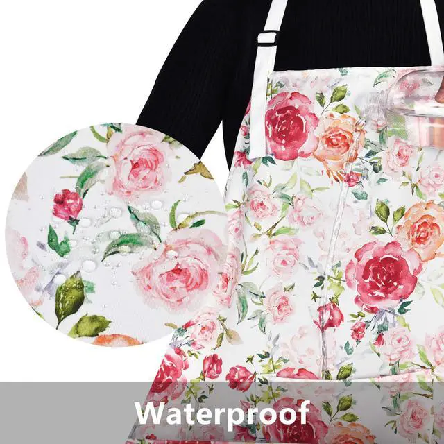 Alt view image 5 of 7 - Pink Flowers Apron with Pockets, Floral Apron for Cooking, Watercolor Rose Kitchen Apron for Women, Adjustable Bib Apron, Waterproof