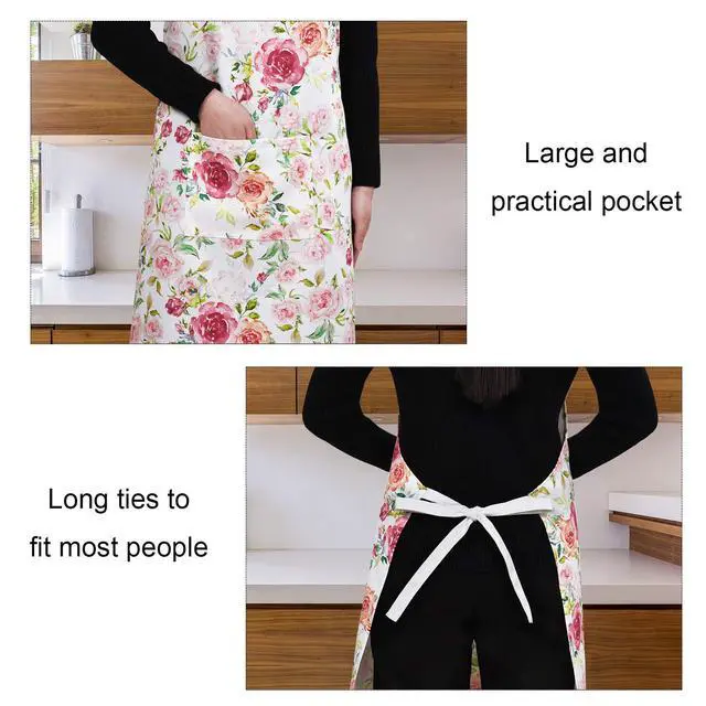 Alt view image 6 of 7 - Pink Flowers Apron with Pockets, Floral Apron for Cooking, Watercolor Rose Kitchen Apron for Women, Adjustable Bib Apron, Waterproof