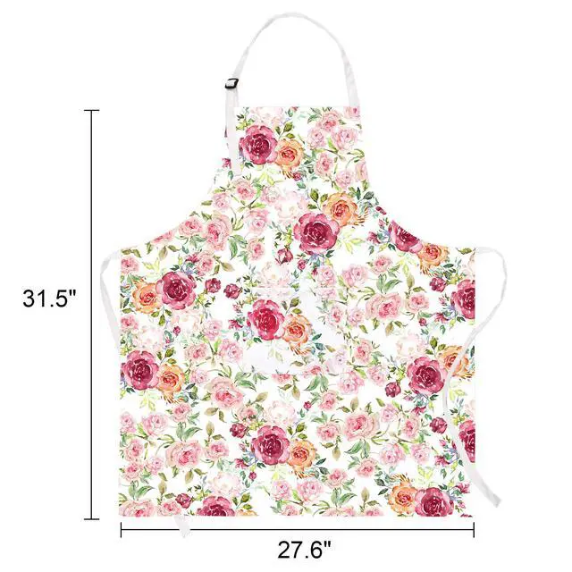 Alt view image 7 of 7 - Pink Flowers Apron with Pockets, Floral Apron for Cooking, Watercolor Rose Kitchen Apron for Women, Adjustable Bib Apron, Waterproof