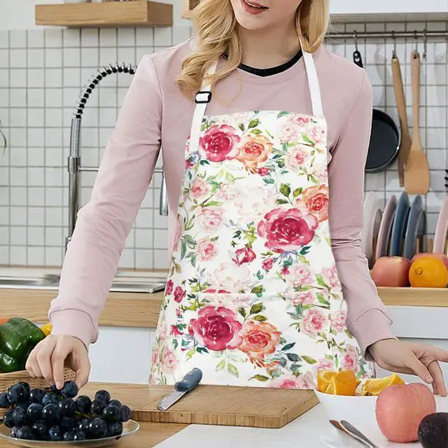 Alt view image 2 of 7 - Pink Flowers Apron with Pockets, Floral Apron for Cooking, Watercolor Rose Kitchen Apron for Women, Adjustable Bib Apron, Waterproof